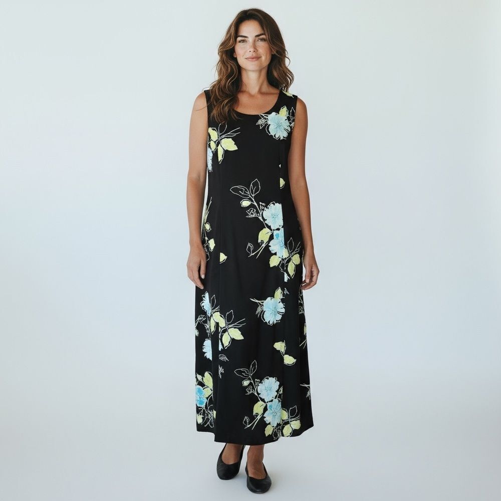Studio 1 Black Sleeveless Maxi with Large Baby Blue & Green Flowers Size 8